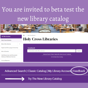 A screenshot of CrossSearch on the libraries website and a second screenshot showing a magnified view of the "Try the New Library Catalog" link highlighted with an arrow and the "Feedback" link circled.