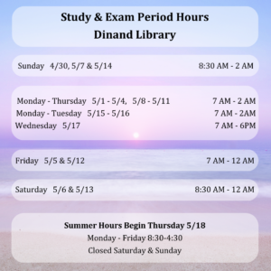 The Study & Exam Period Hours from Sunday, April 30, 2023 to Wednesday, May 17, 2023.  The schedule can be found here:  https://holycross.libcal.com/hours