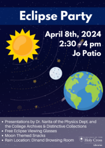 Eclipse Party, April 8, 2024, 2:30-4 pm, Jo Patio with image of sun, moon and earth.