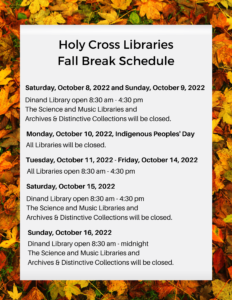 Holy Cross Libraries Fall Break Schedule which can be found in the link in the post.