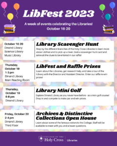 Schedule of events includes Scavenger Hunt, LibFest and Raffle Prizes, Mini Golf and Archives & Distinctive Collections Open House