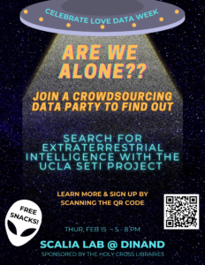 Celebrate Love Data Week. Are We Alone? Join a Crowdsourcing Data Party to Find Out. Search for Extraterrestrial Intelligence with the UCLA SETI Project. Thur, Feb 15, 5-8 PM, Scalia Lab 